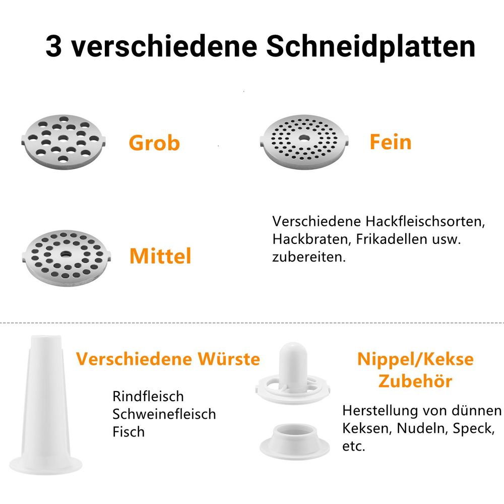 2000W Elektrischer Fleischwolf Gemüseschneider, 3in1 Multi Küchenmaschine Gemüsehobel Wurstmaschine mit 3 Lochscheiben, 4 Kegel-Klingen, Stopfer