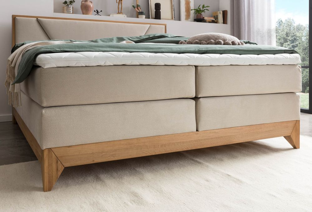 Belanoti Riviera Boxspringbett 180x200 Eiche 7-Zonen Taschenfederkern Matratze inkl Visco Topper Bett 180x200 in der Farbe Beige H2/H3 Polsterbett Hotelbett mit Massivholz Eiche Massivholzbett