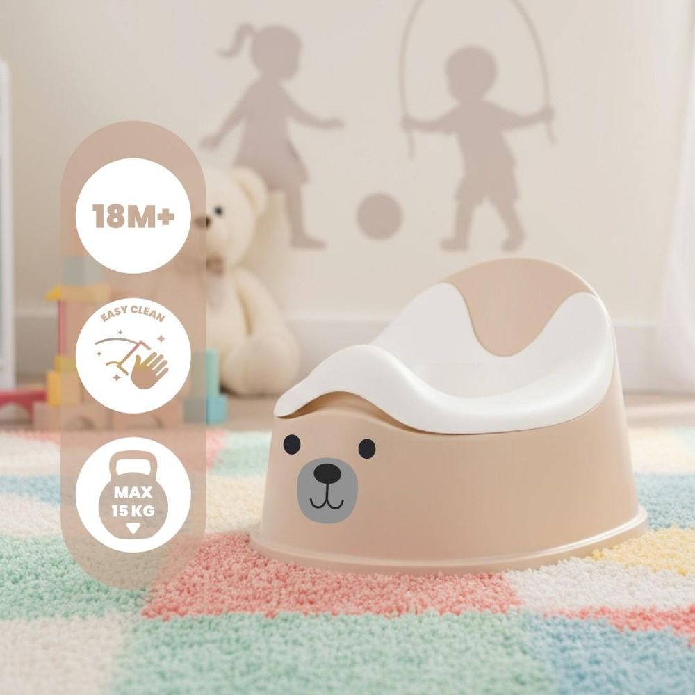 Pot bébé SUN BABY sur un tapis, avec pictogrammes d'âge, nettoyage facile et poids maximal.