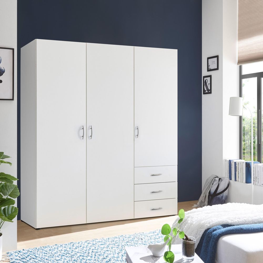 möbelando Kleiderschrank Harry – Drehtürenschrank mit 3 Schubladen und viel Stauraum