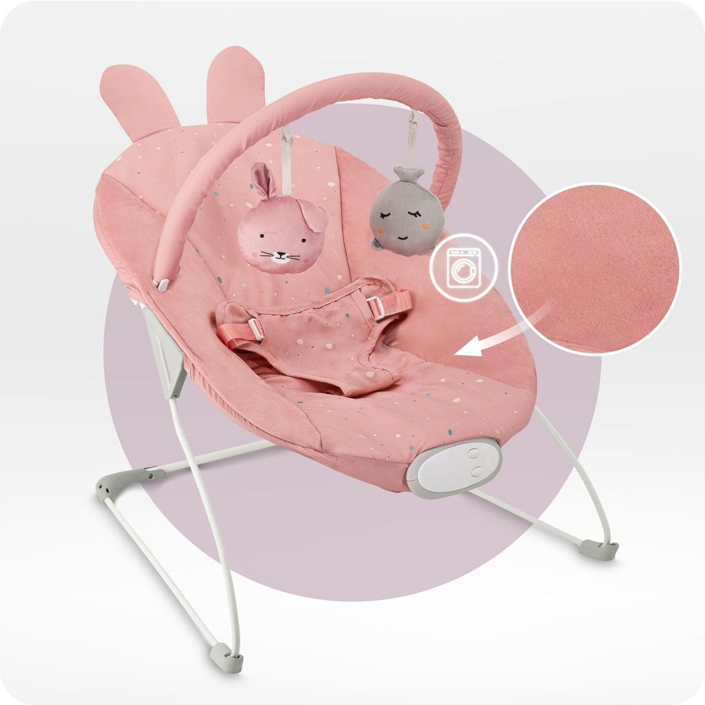 MoMi GLOSSY Babywippe mit 8 Melodien, 3 Vibrationsstufen, Spielzeug-Stirnband – bis 9 kg - ROSA