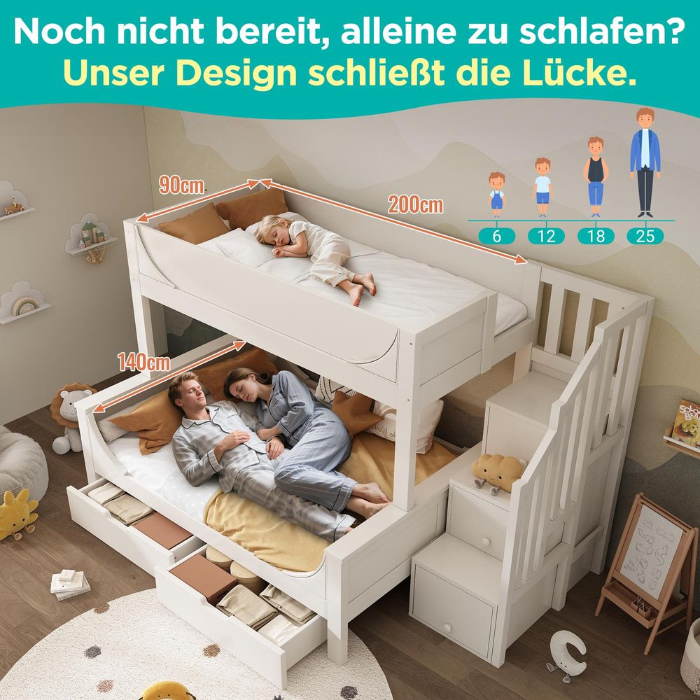 STILVORA Etagenbett 140×200cm mit Leiterschrank,Kindebett Bettgestell mit Rausfallschutz ,Jugendbettmit Lattenrost&Schubladen,ohne Matraze,Weiß
