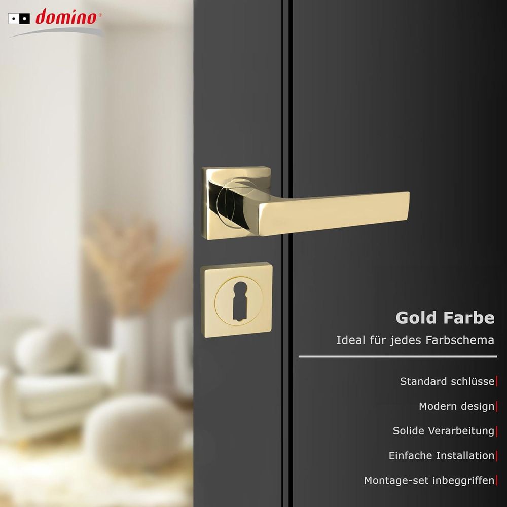 Domino Türgriff QUADRADO-QR M1 Drückergarnitur BB-Buntbart Set quadratische Rosette Türklinke für Zimmertür Türbeschläge aus Aluminium  Messing Gold