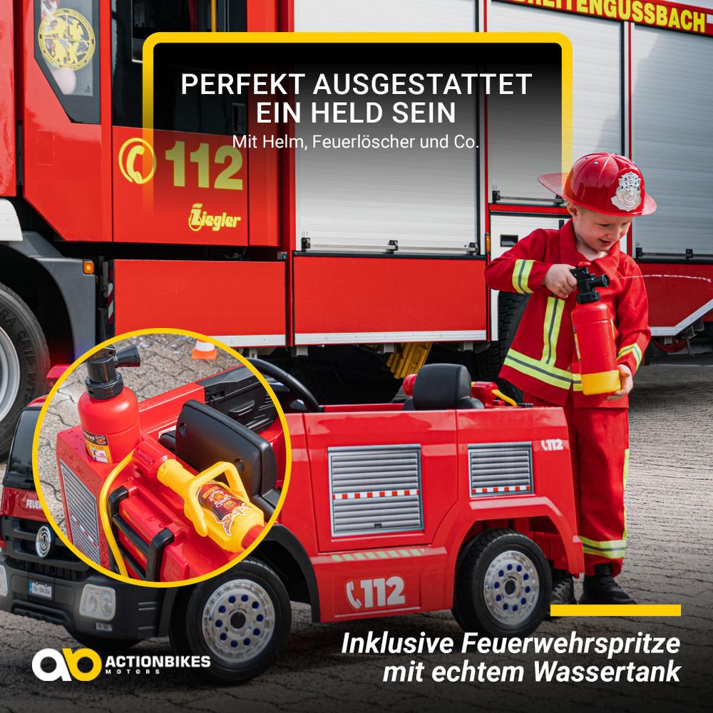 Actionbikes Motors Elektro Feuerwehr Auto| Feuerwehrauto Kinderauto - Bremsautomatik - Kinder Fahrzeug - Sirene & Blaulicht - Bluetooth - ab 3 Jahre