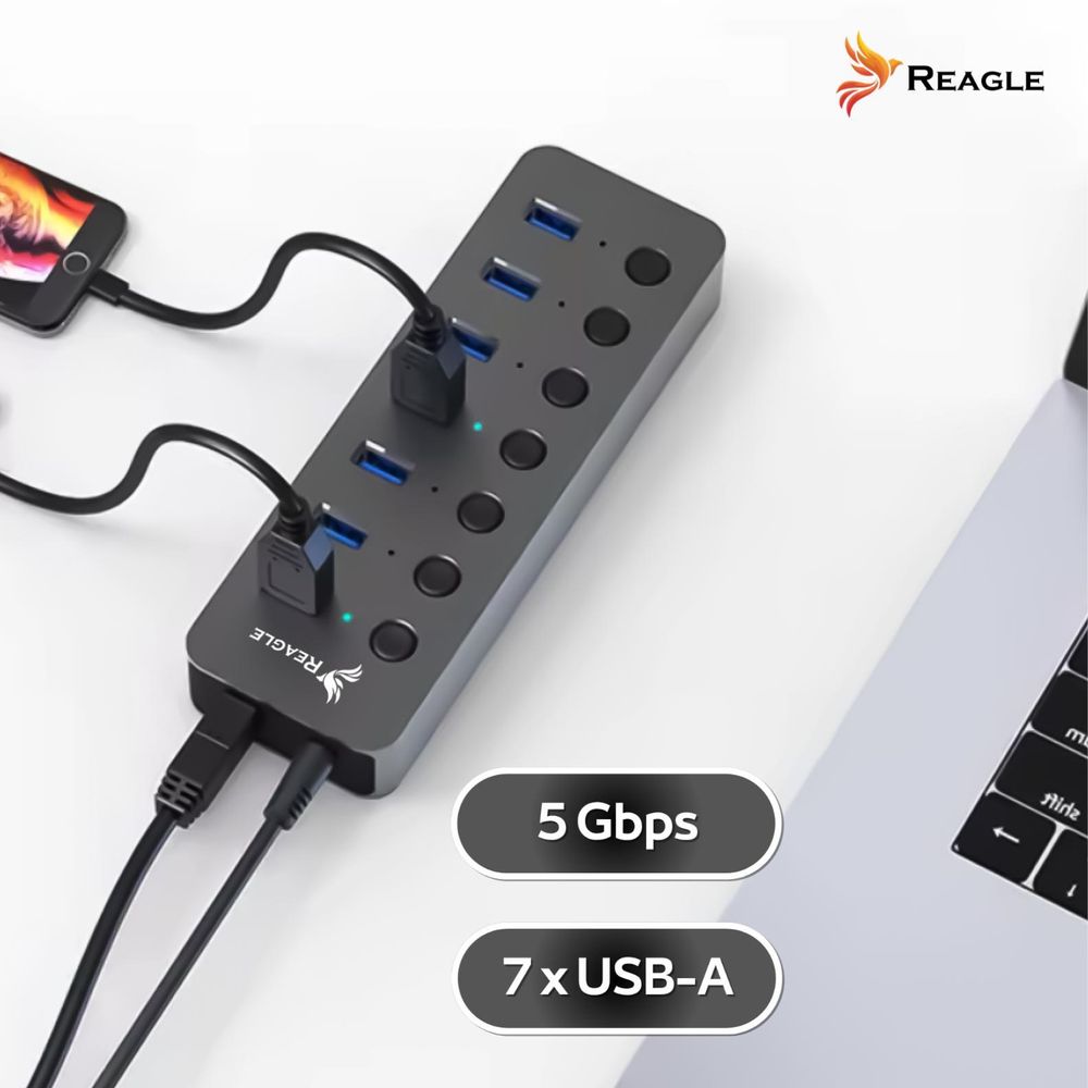 USB 3.0 Hub Aktiv 7 Port Reagle USB A Multiport Adapter mit Netzteil 24W Einzeln Schaltbar Ein Aus Schalter Datenhub für Laptop PC Silber