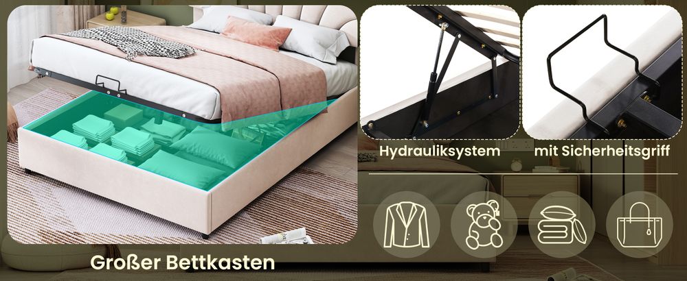 MODFU Jugendbett Boxspringbett Hydraulisches 140 x 200 cm mit verstellbares Kopfteil in geblümtemform, Polsterbett Funktionelles mit Lattenrost, Doppelbett Stauraumbett mit Bettkasten Stauraum, Samtstoff Beige(Ohne Matratze)