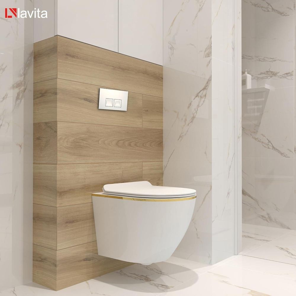 DOMINO Geberit Duofix Basic Vorwandelement + Wand-WC Tiefspül Sofi Slim Becken Gold Line Spülrandlos + Bedienplatte Delta 25 für Doppelspülung | Set