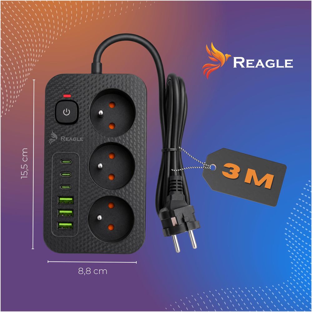 Reagle 3m Steckdosenleiste 3-fach mit 6x USB (3x USB-A, 3x USB-C), Mehrfachsteckdose schwarz, Verlängerungskabel Überspannungsschutz 2500W, Schalter