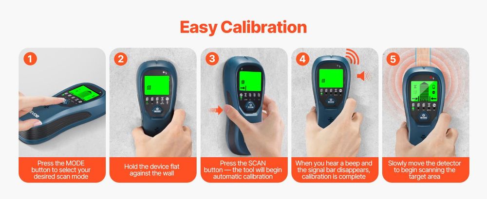 VEVOR Stud Finder Wandscanner, 5 in 1, Elektronischer Wandständer-Detektor mit Smart-Sensor, Hochauflösendes LCD-Display und Audioalarm, für die Mitte und Kante von Metall, AC-Draht, Balken, Rohren, Orange, Blau