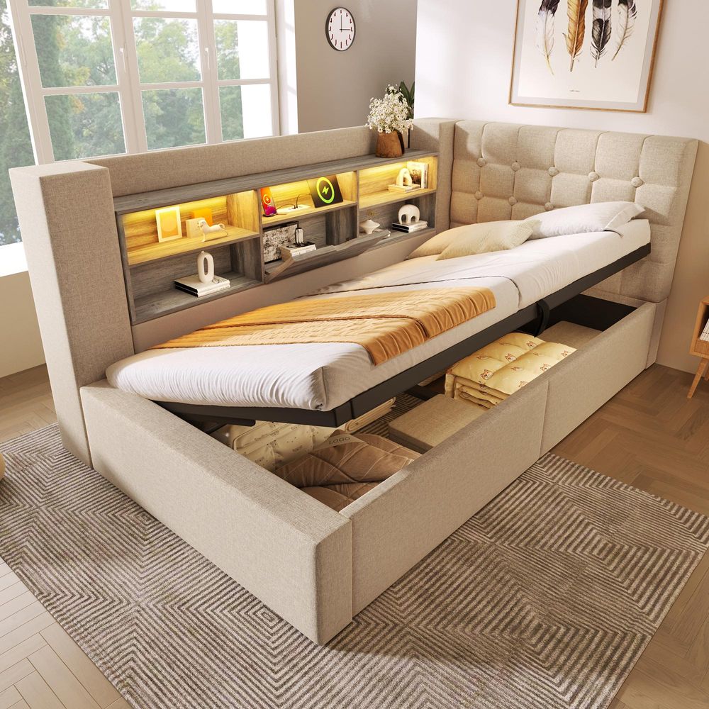 Flieks Hydraulisches Schlafsofa 90x200cm mit Stauraum, Polstebett mit USB, Jugendbett mit Led und offenen Staufächern, Einzelbett Leinen, Beige