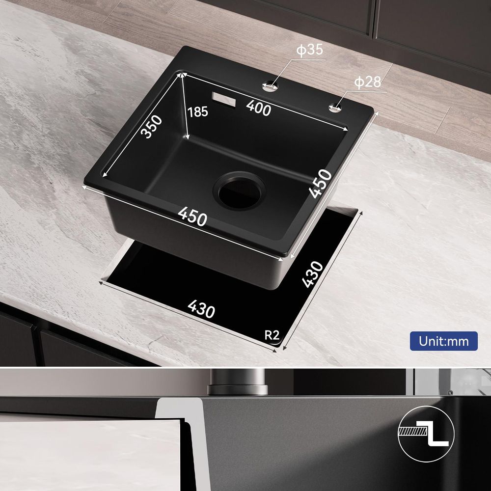 Cecipa MAX Spülbecken Schwarz Granit 45x45 cm Set, Küchenarmatur ausziehbar, moderne schwarze Optik, ideal für Küchenrenovierung