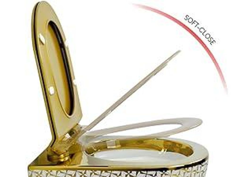 LAVITA Wand-WC Sofi Slim Golden Never Die | HŠnge Toilette | Toilettendeckel mit Absenkautomatik & Metallscharniere | Toiletten SpŸlrandlos HŠngend | Toilettenbecken | 365x490x395 cm | Gold/Wei§