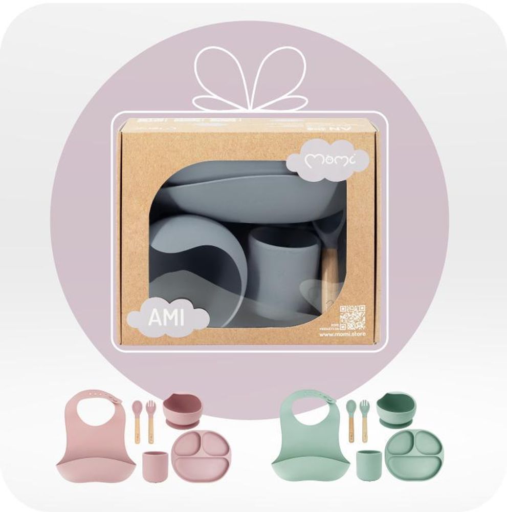 MoMi AMI - Kindergeschirr Set Silikon - Essensset für Kinder – Holz - BPA-frei - Grau