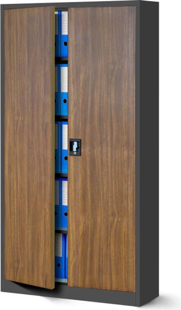 Aktenschrank Büroschrank Metallschrank Stahlschrank Werkzeugschrank Stahlblech Pulverbeschichtet Flügeltürschrank Abschließbar 195 cm x 90 cm x 40 cm Farbe: Anthrazit/Holzoptik