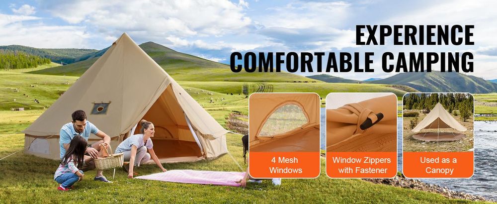 VEVOR Canvas Zelt, 4 Jahreszeiten 5 m/16,4 ft Glockenzelt, Canvas Zelt für Camping mit Ofenanschluss, atmungsaktives Jurtenzelt für bis zu 8 Personen, Familiencamping Outdoor Jagd Party, 6 Personen-4 m