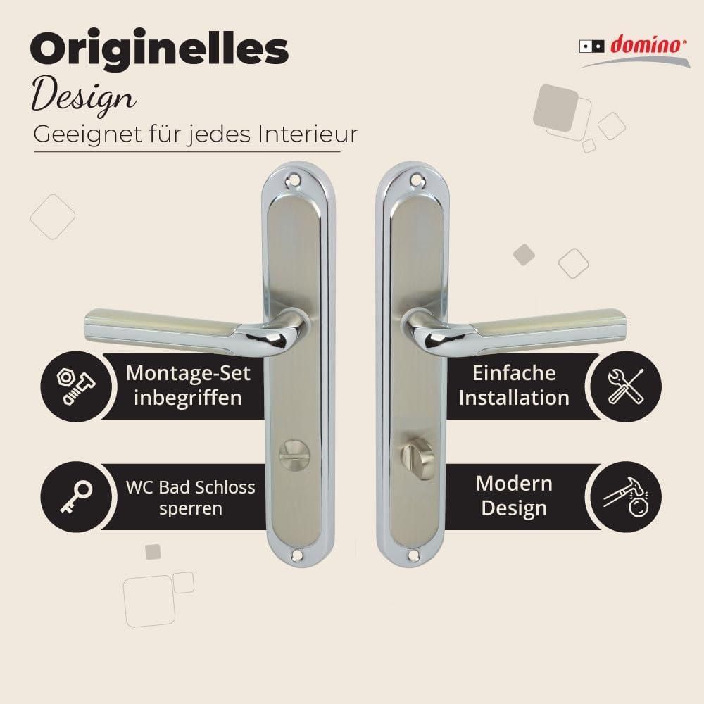 DOMINO Türgriff 78 Drückergarnitur WC - Badezimmer Set | Links & Rechts Türbeschlag für WC/Badezimmertüren | L-Form | Aluminium | Silber | RIO M6/M9 |
