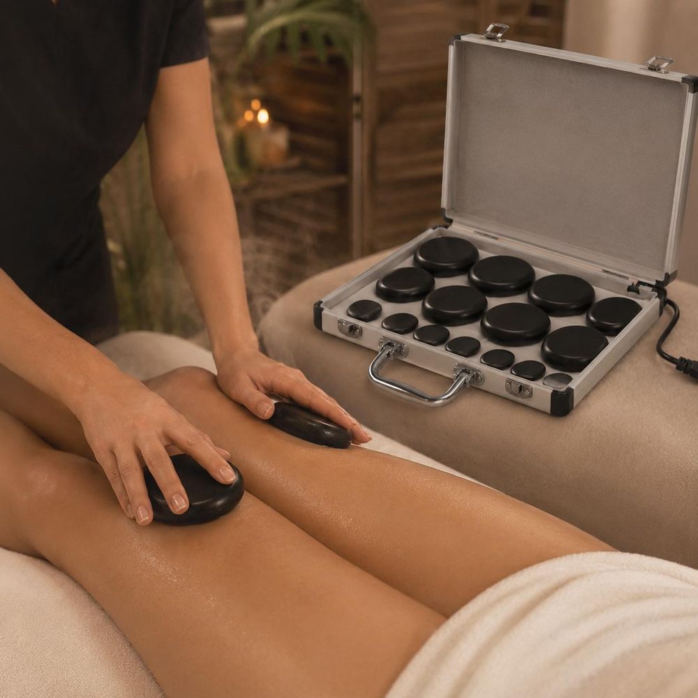 16-teiliges Hot Stone Massagesteine Set aus schwarzem Basalt im Etui für SPA