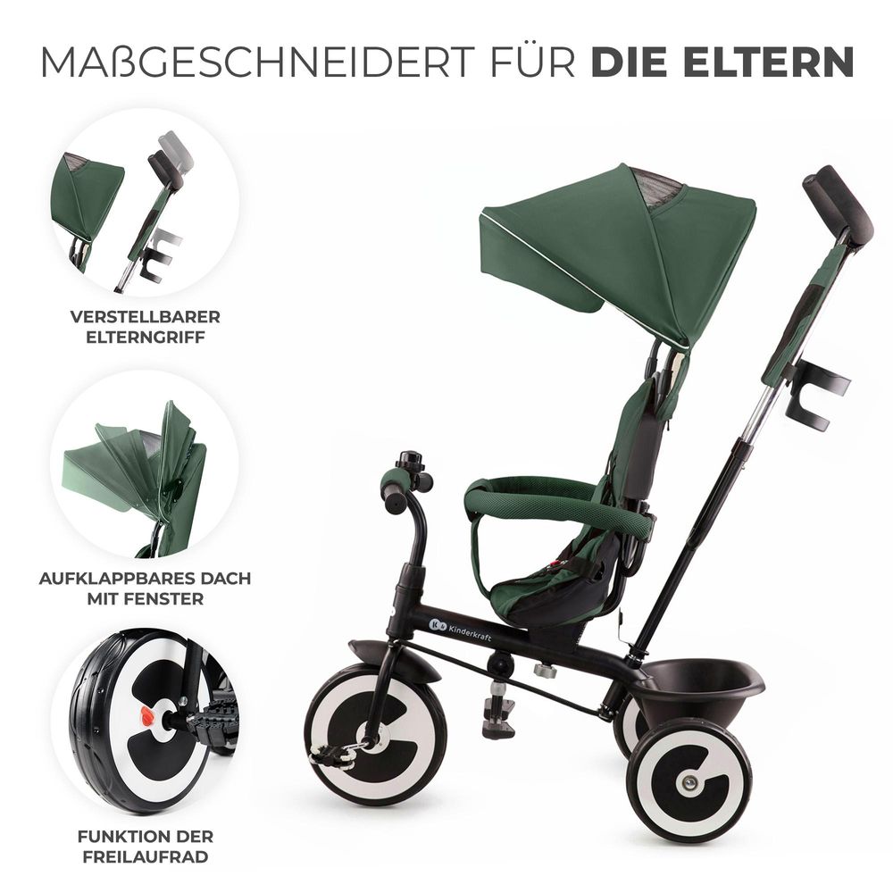 Kinderkraft ASTON - Dreirad - drehbarer Sitz - große unzerstörbare Räder - klappbar - Sicherheitsgurte - verstellbarer Elterngriff - Zubehör - Grün