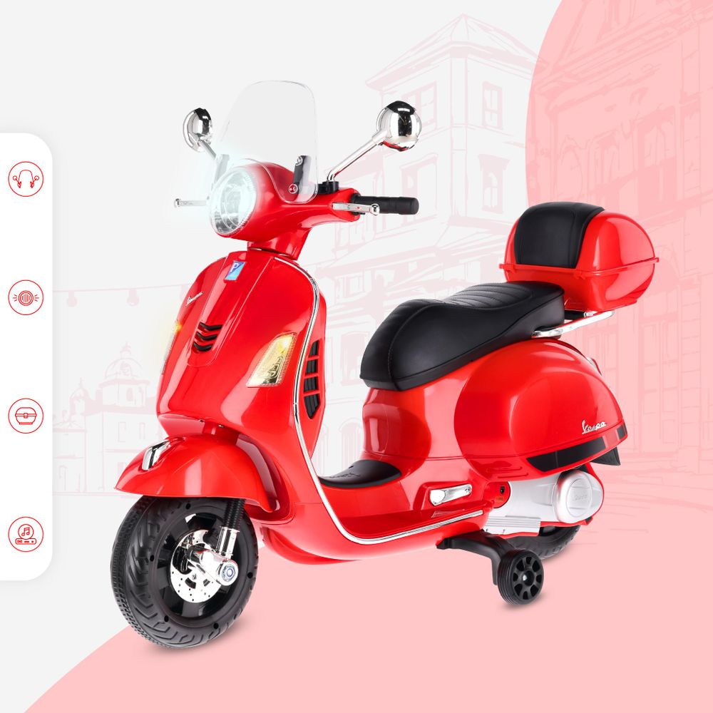 Vespa eléctrica infantil roja con detalles realistas y ruedas de apoyo