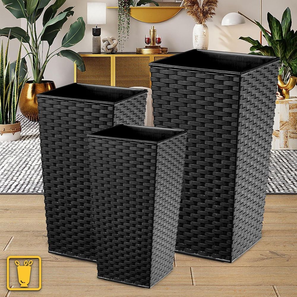 KADAX Rattan-Blumentopf-Set "Pesaro", Kunststoff-Blumentopf, Mokka, 3er Set