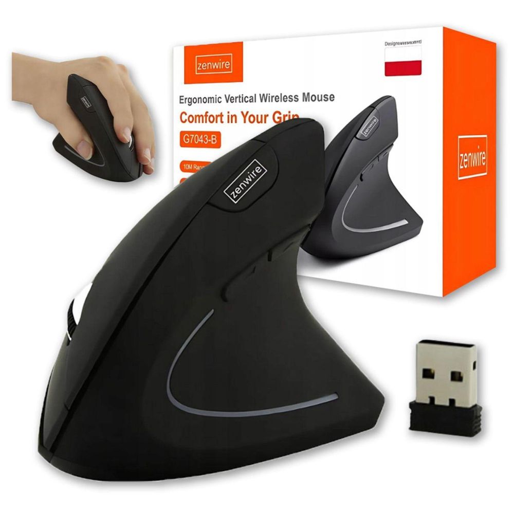 Mouse - Mouse verticale - Senza fili - Ergonomico - Nero - USB - per PC portatile - 6 pulsanti