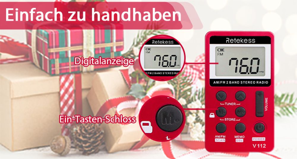 Retekess V112 Mini Radio Klein, AM FM Taschenradio mit Kopfhörer, 500mAh Akku, Sleeptimer, zum Laufen, Outdoor für Senioren (Rot)