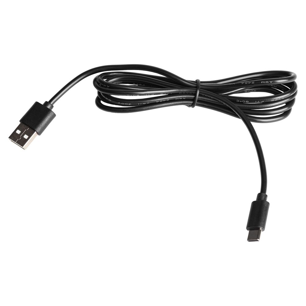 USB-C zu USB-Kabel, schwarz, in Form einer Acht gerollt.