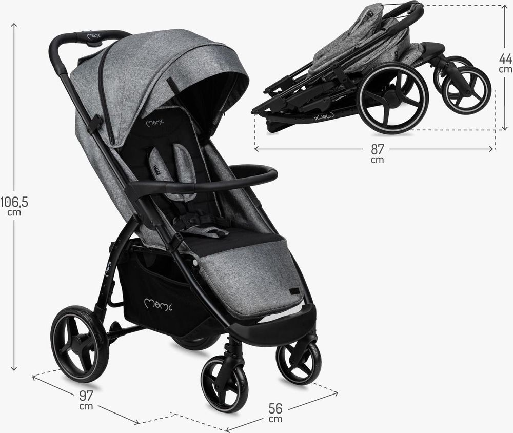 MoMi MIYA Kinderwagen Buggy – 10" Räder, Moskitonetz, Regen- & Fußschutz – Grau