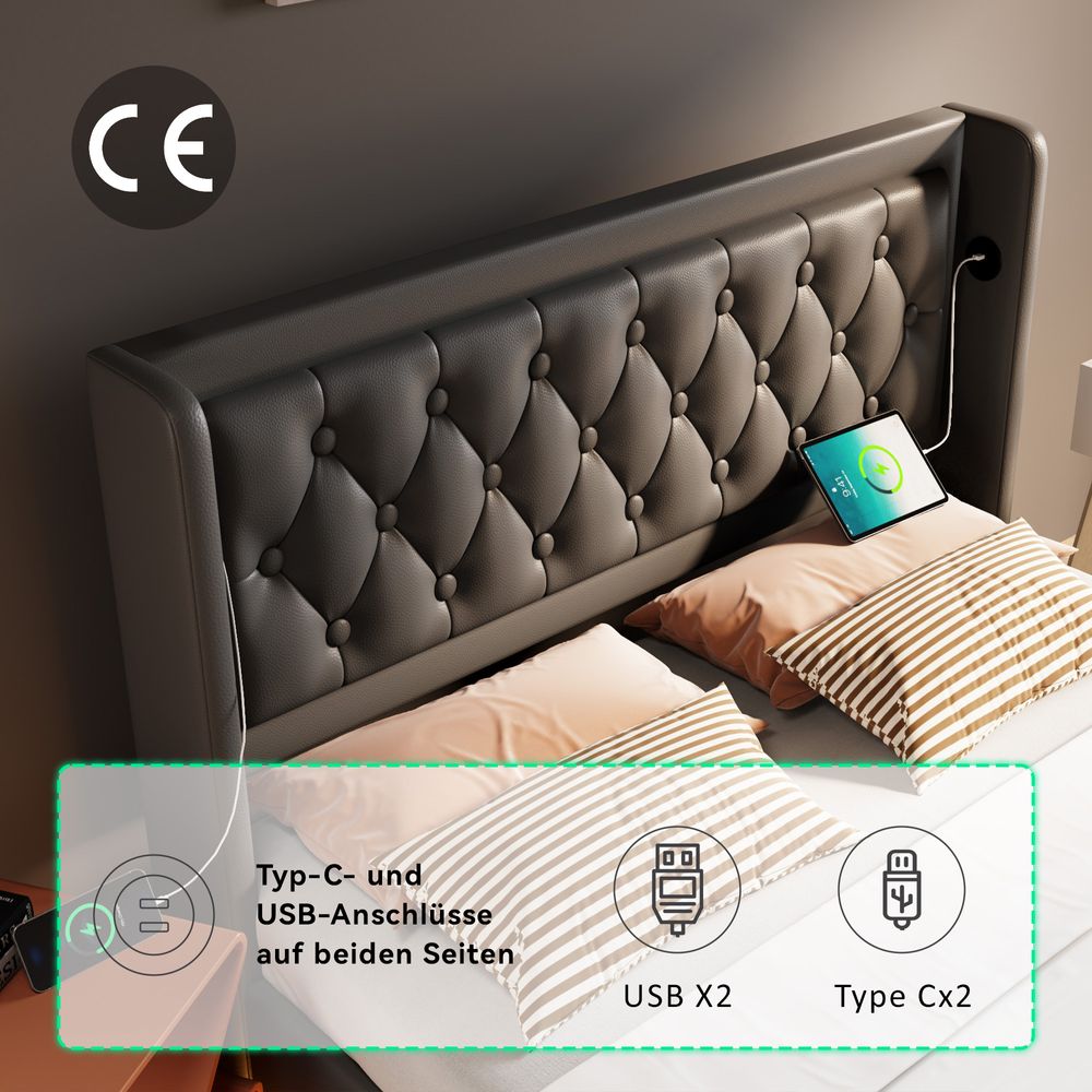 Flieks Polsterbett 180x200cm mit USB & Typ-C, Doppelbett Jugendbett mit LED, Hydraulisches Stauraumbett Boxspringbett mit Lattenrost, PU, Schwarz