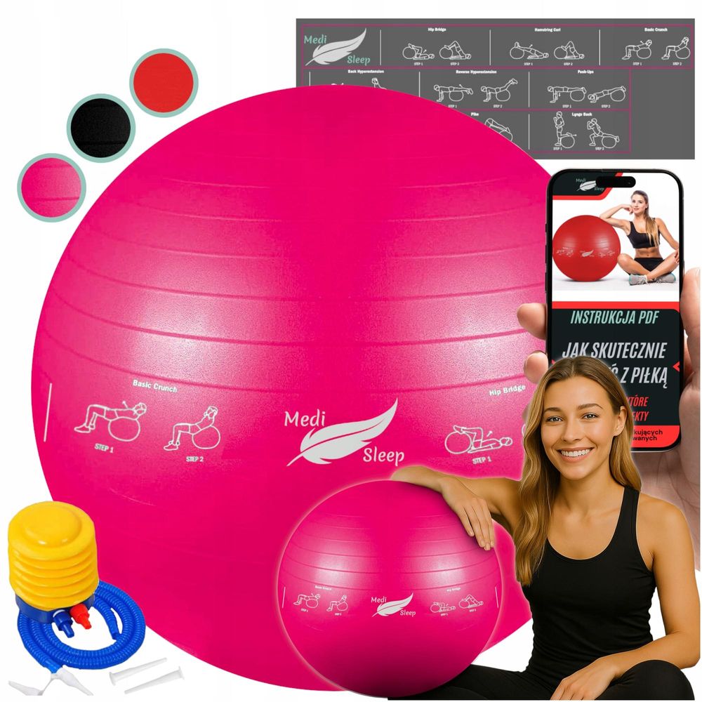 Piłka do ćwiczeń, gimnastyczna 65cm różowa z pompką Medi Sleep