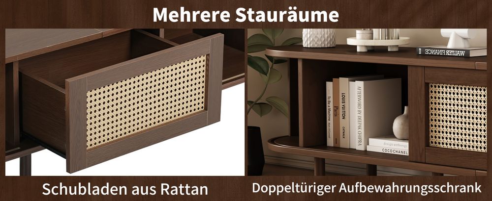 okwish TV-Schrank,Sideboard，Lowboard，Aufbewahrungsmöbel，Schrank mit Stauraum ，TV-Ständer für Wohnzimmer,verstellbare Füße,Rattan flechten， Dunkle Walnuss