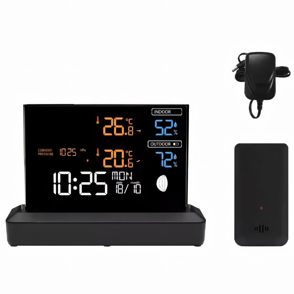 Funk-Wetterstation mit Wecker und Farbdisplay, Außensensor Schimmelwarner Hygrometer Barometer Datumsanzeige Mondphase Frostalarm Schwarz Retoo
