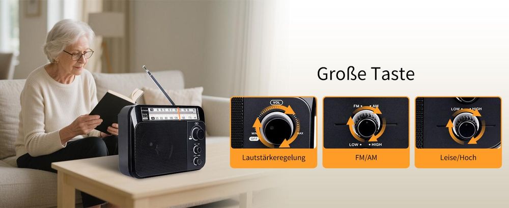 Retekess TR604 Tragbares Radio, FM Radio mit Batteriebetrieb, Großer Knopf Großer Lautsprecher Einstellbare Höhen und Bässe für Senioren Vatertag