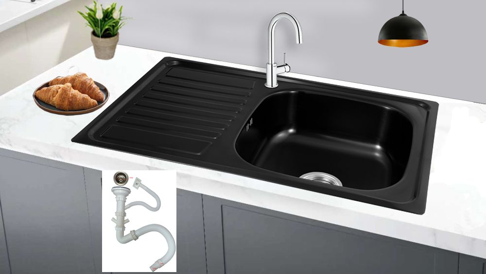 Preero-80x50x18, Küchenspüle schwarz Edelstahl 304, 0,8mm, Küchenspüle,Einbauspüle, Spülbecken,eckig, mit Ablage ,1 Becken,Spüle