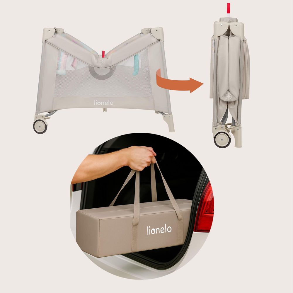 LIONELO Laufgitter Mille Plus bis 15 kg, 6-36 Monate, mit Schaumstoffmatratze, buntem Spielzeugset und praktischer Tragetasche - Beige