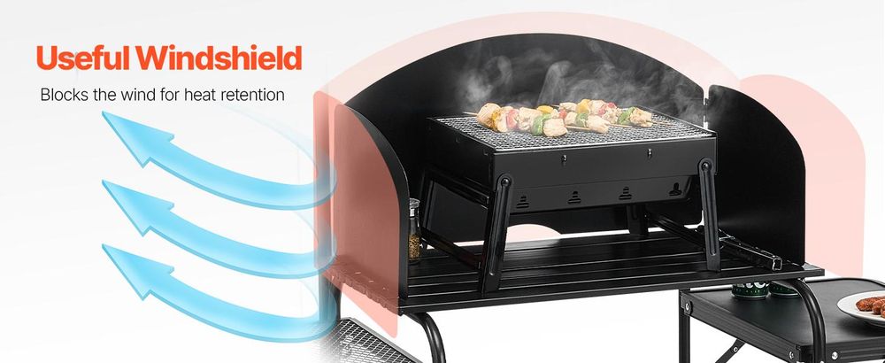 VEVOR Camping Küchentisch Outdoor Kochtisch, tragbare Kochstation aus Aluminium mit Lagerschrank & Tragetasche, & abnehmbarer Windschutzscheibe, für Grillpartys Picknicks Wohnmobilreisen, schwarz