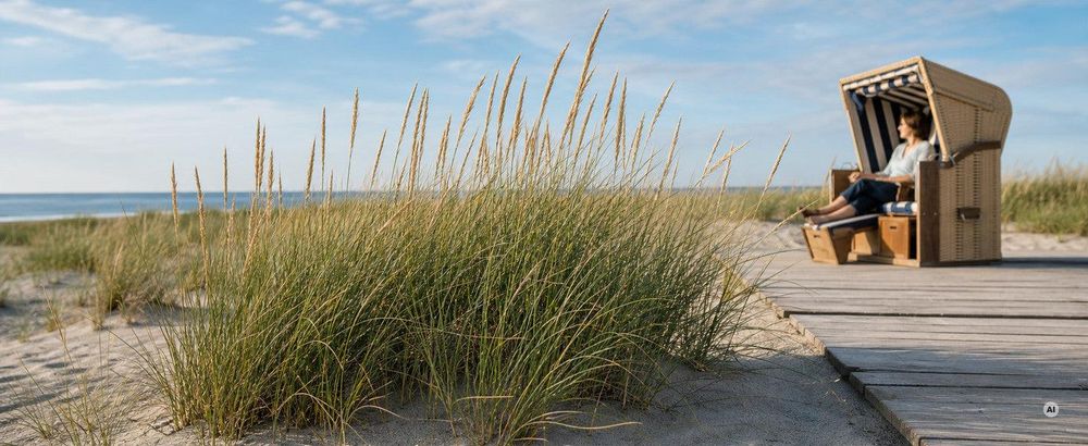 Person am Strandkorb neben wogendem Bestand als menschlicher Maßstab