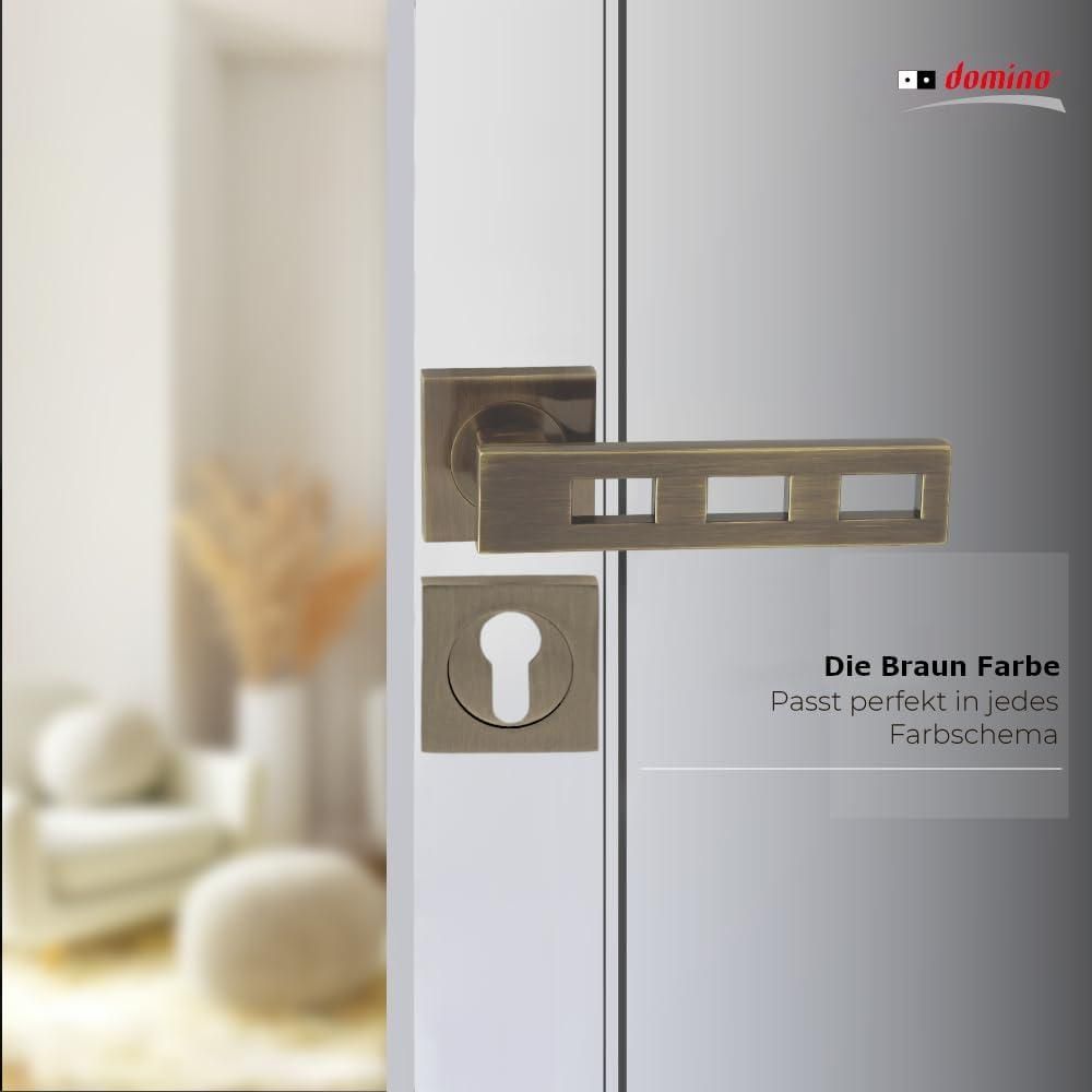DOMINO Türgriff Drückergarnitur PZ - Profilzylinder Set | Vierkant-Rosette | Türklinke für Zimmertür, Bürotür, Kellertür & Innentür | Türbeschläge aus Aluminium | Bronze Türdrückergarnitur | TRE-QR M3
