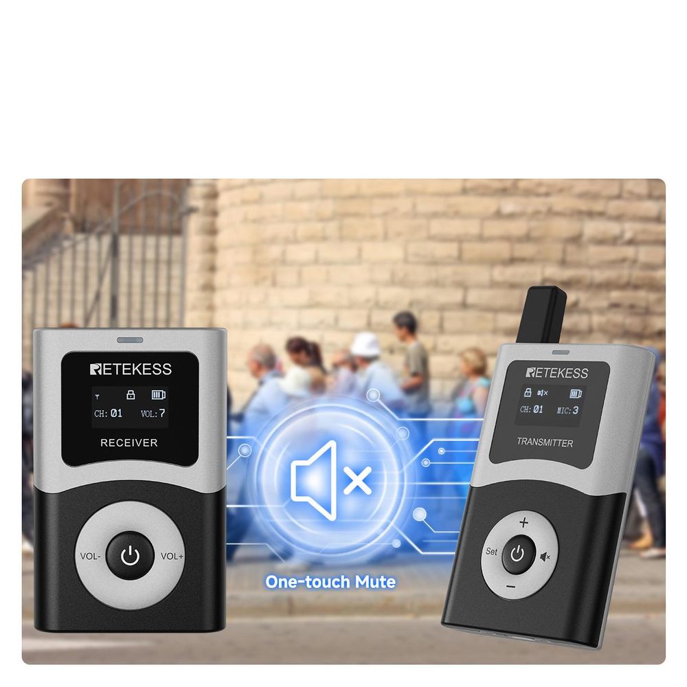 Retekess T130U, systém pre sprievodcov, audio systém s nabíjacím kufríkom s 60 priehradkami, UHF, dosah 200 metrov, 40 hodín v pohotovostnom režime, mikrofón, vysielačka
