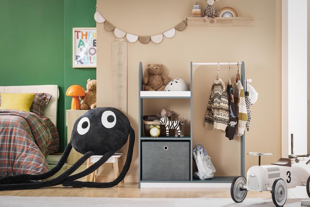 SoBuy Kinderkleiderschrank mit 3 Haken Kindergarderobe Kleiderschrank Kinderzimmer Kinder Kleiderschränke mit Boxen Kleiderständer Regal KMB40-HG