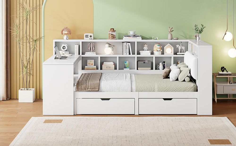 Merax Schlafsofa Tagesbett 140x200 cm mit Steckdosen, LED, 2 Schubladen, Schreibtisch, Bücherregal, Gepolstertes Kopfteil, Kinderbett, Holzbett, Weiß