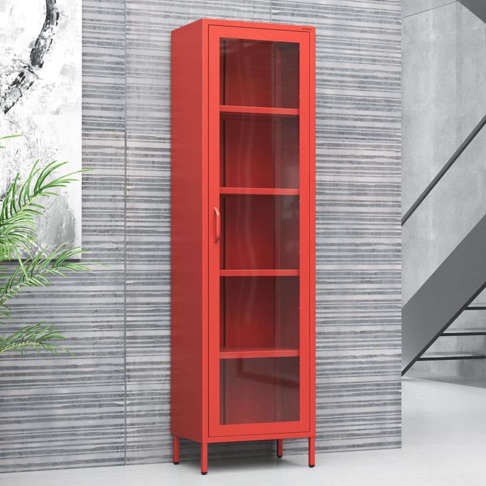 Vitrinenschrank Bücherschrank mit 4 Fachböden Vitrine Glitzernd Metall Rot