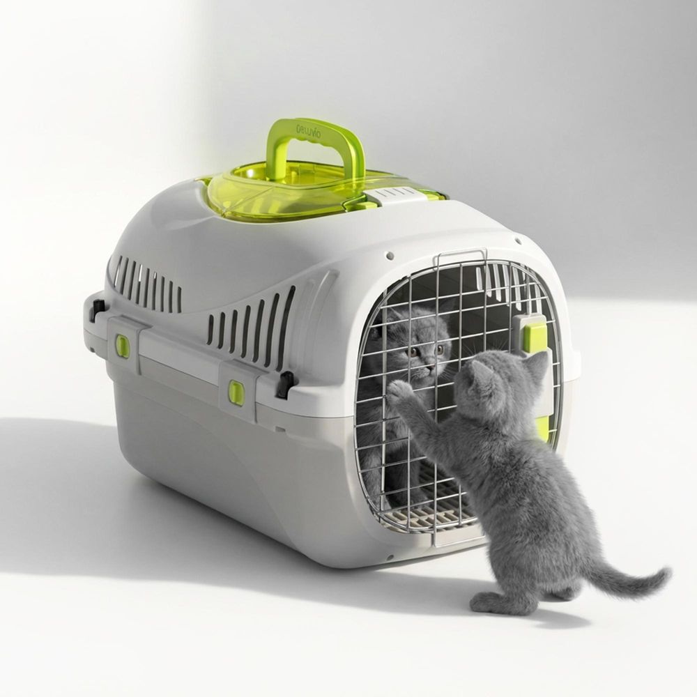 Katzentransportbox Peluvio Safy bis 5 kg, leicht & sicher, gute Belüftung, Griff, ideal für Auto & Reise - Grau