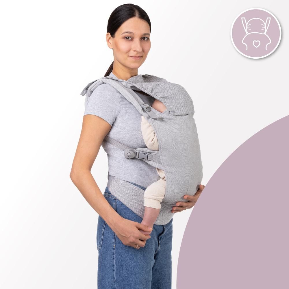 MoMi COLLET – Ergonomische Babytrage für vorne & hinten, verstellbar, bis 15 kg, physiologisch & rückenschonend, mit Kapuze & Tasche – Grau