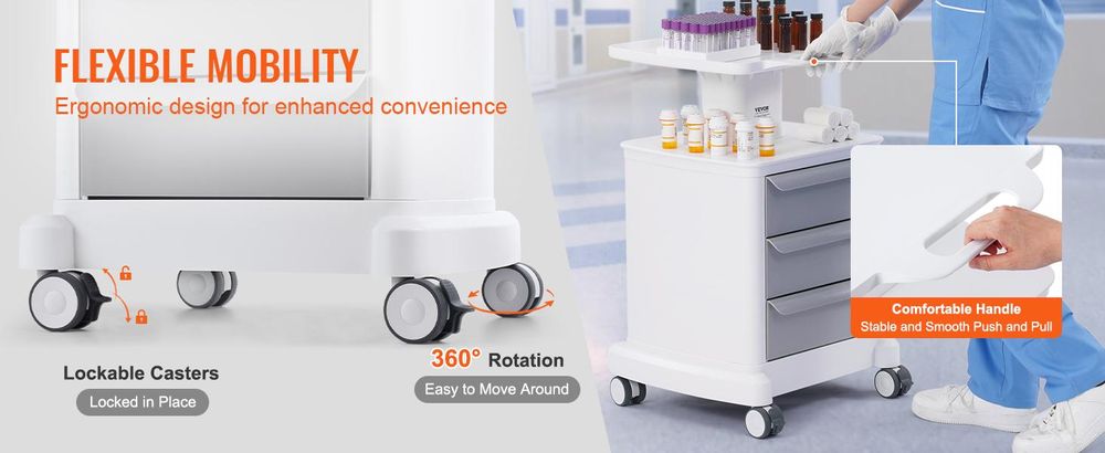 VEVOR 4-stufige Laborwagen, Labor-Nutzwagen mit 3 Schubladen & 1 oberem Tablett, mobiler medizinischer Wagen aus ABS-Material, Labor-Rollwagen mit 4 leisen Rädern für Labor, Klinik, Krankenhaus, Salon, Weiß, 4 Schichten, Weiß