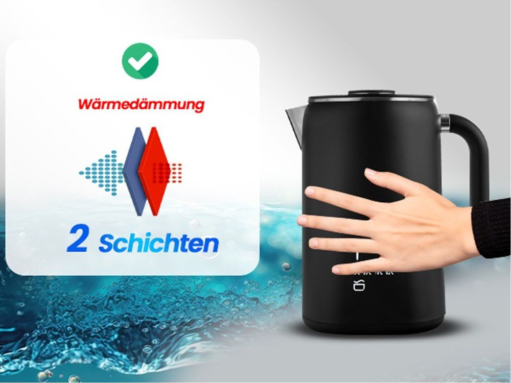 Lehmann Wasserkocher 1,7 L mit Temperaturregelung 45-100 °C, Edelstahl Wasserkessel mit Warmhaltefunktion und Touchpanel, mattes Schwarz