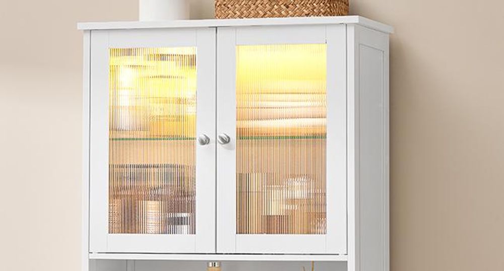 VASAGLE Badezimmerschrank mit LED-Beleuchtung, Badschrank, Aufbewahrungsschrank mit verstellbaren Ablagen, Schublade, offenen Fächern