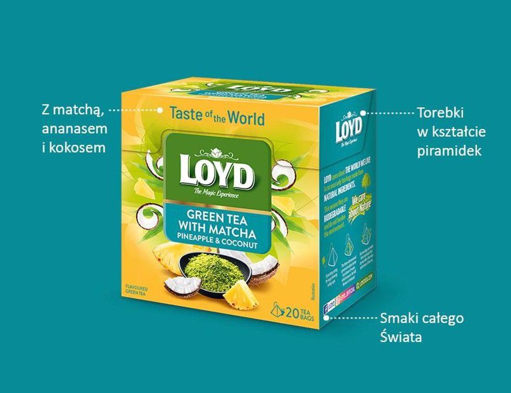 Loyd Zielona Herbata z Matcha o Smaku Ananasa i Kokosa w Torebkach Taste of The World