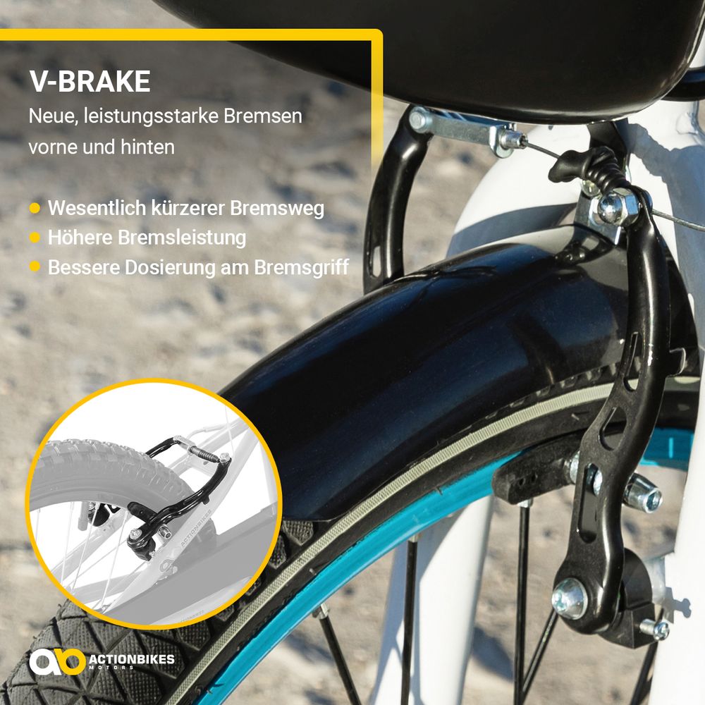 Actionbikes Kinderfahrrad Donaldo 20 Zoll | Kinder Fahrrad - V-Brake Bremsen - Kettenschutz - Fahrradständer - Fahrradkorb - 6-9 Jahre (Blau/Weiß)