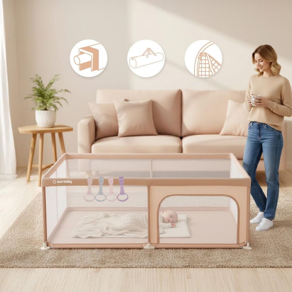 Baby slaapt in de box, moeder kijkt toe, pictogrammen tonen functies
